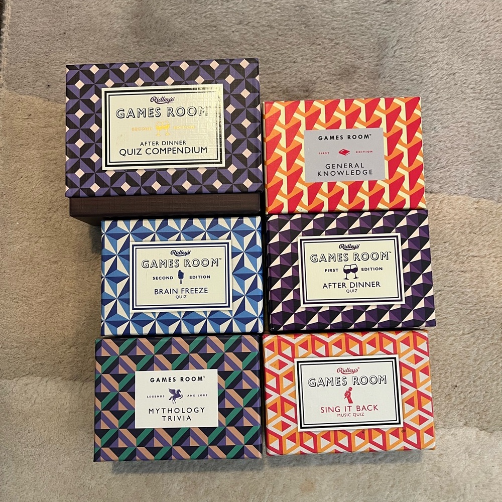 6 Ridley's Games Room Quiz Card Sets - Multicolor Patterned Boxes